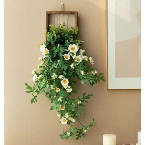Plante Suspendue Artificielle avec Cadre en Bois – Décoration Murale, Fleurs Marguerites pour Salon, Cuisine, Salle de Bain, Chambre et Bureau (1/5)