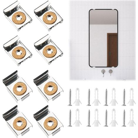 8 Pièces Attache Miroir avec Broches et Vis, Fixation Mural en Acier INOX Clips de Suspension à Miroir à Ressort, Support Miroir Mural sans Cadre, Fixation Miroir Lourd pour Accrocher (1/5)
