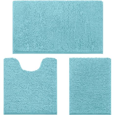 HOMEIDEAS Ensemble 3 tapis de bain, ultradoux, anti-dérapants et absorbants en chenille pour toilettes et salle de bain (bleu turquoise) (1/5)