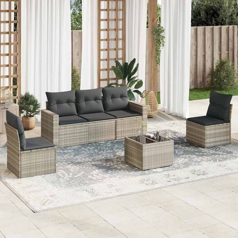 6-tlg. Garten-Sofagarnitur mit Kissen Hellgrau Poly Rattan (1/3)