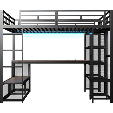 Metall-Hochbett 140 x 200 cm mit Schreibtisch, Stauraum, offenem Schrank und LED, Schwarz (1/5)