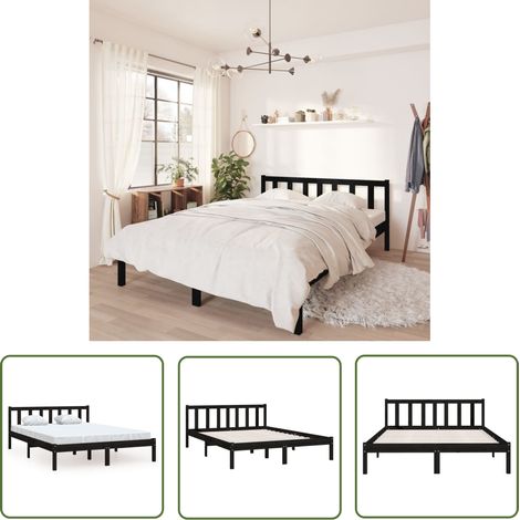 The Living Store Massivholzbett Schwarz Kiefer 135x190 cm - Massivholzbette - Holzbettrahmen - Doppelbett - Schwarzes Bett - Kiefernbett (1/5)