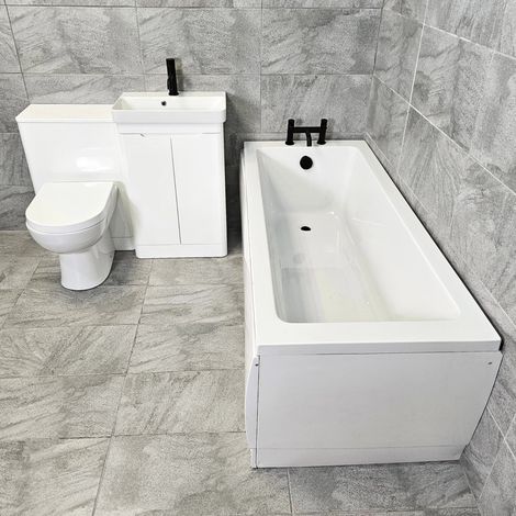 Ross 1050mm White Vanity Square Ended Bath Suite with Black Taps, With End Panel (1/4)