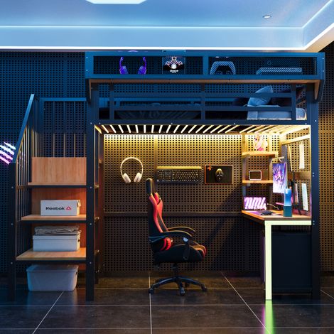 Lit mezzanine métal 90x200cm,bureau,étagère et filet rangement,échelle sécurité,LED et douille,rampe surélevée,noir