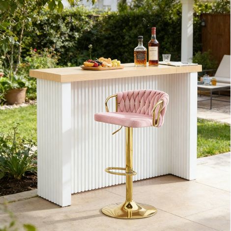 Taburete de bar giratorio y regulable, con respaldo y reposapiés, terciopelo rosa, metal y espuma (1/5)