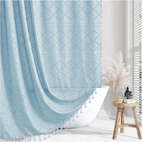 Duschvorhang im Bohemian-Stil aus blauem Webstoff mit Quasten, 183 x 198 cm, moderner minimalistischer Landhausstil, Chevron-Muster, blau. (1/5)