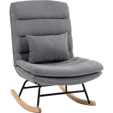 Sillón mecedor con aspecto de lino, cojín lumbar, respaldo alto, asiento amplio, doble acolchado, gris claro (1/5)