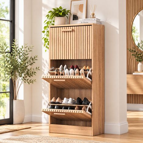 Meuble à chaussures 60 cm pliable à 3 niveaux, Structure en bois avec poignées en bois massif, Rangement gain de place pour entrée et couloir, Coloris bois (1/5)