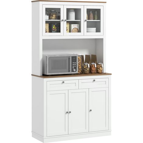 Credenza alta da cucina, mobile da cucina, 6 ante, 2 cassetti, piano di lavoro, ripiani regolabili, 100x40x180 cm, bianco