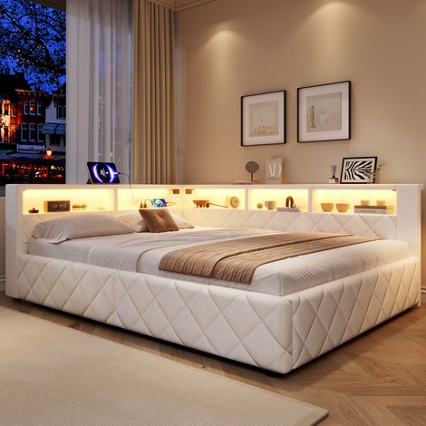 Lit coffre 2 places 140x200 cm, lit banquette en lin beige avec rangement hydraulique, port USB, LED multicolore, étagère et sommier à lattes (1/5)