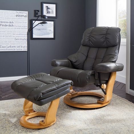 Fauteuil relax rotatif en cuir noir et pied naturel - LUMOS