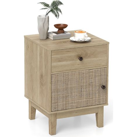 Comodino in rattan 40 x 39 x 55 cm con cassetto e mobiletto stile moderno bohémien chic realizzato in MDF naturale 200013949