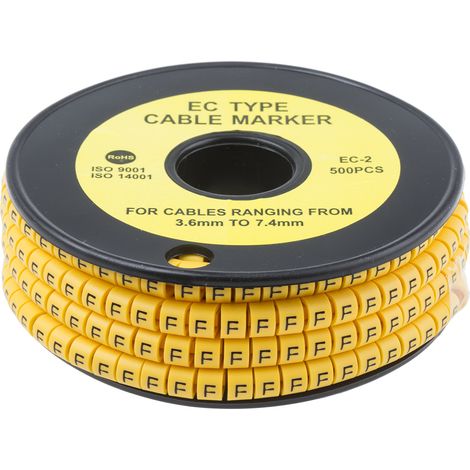 Repère câble , Ø câble 3.6  7.4mm, texte : F, Noir sur Jaune ( Prix pour Bobine de 500 )