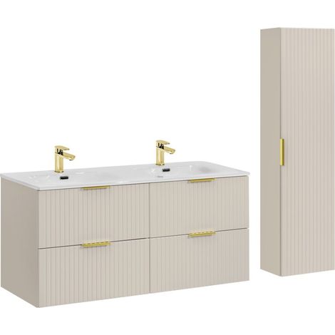 Conjunto de baño NOXERA 120 cm – Marrón congo – Doble lavabo + columna suspendida