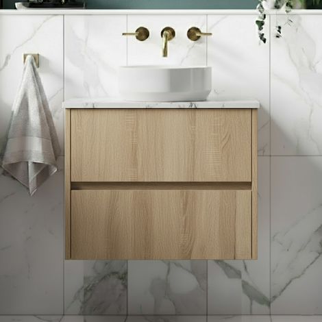 Havana Wall Hung 2-Drawer Vanity Unit with Carrera Marble Worktop 600mm Wide - Autumn Oak