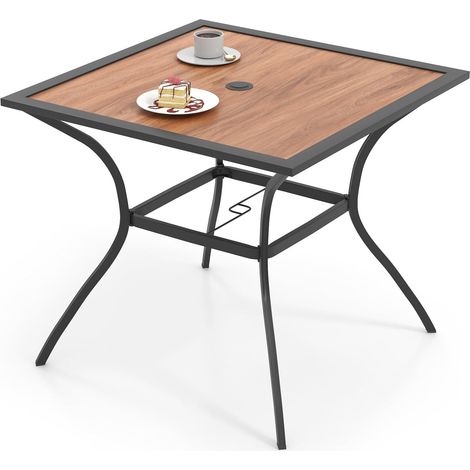COSTWAY Table de Jardin Carrée pour 4 Personnes, Table Bistrot avec Trou pour Parasol Réglable Plateau en Bois Cadre en Métal, Table d’Extérieur pour Patio Piscine Terrasse (1/5)