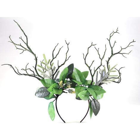 Forest-themed tree branch and leaf headband, close-up of a real tree branch hair accessory, photo studio stage party Christmas reindeer antler headpiece. (1/4)