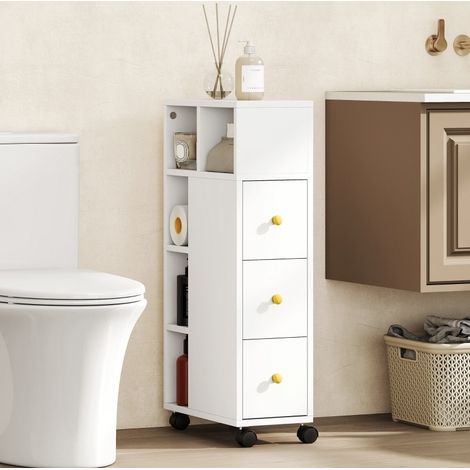Meuble de salle de bain étroit à roulettes, 3 tiroirs, 5 niches, blanc HAVRYA (1/4)