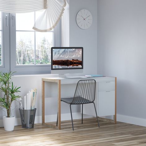 Blanc 112,5x50x75,5 cm - Table de bureau spacieuse doté de cadre de dressage à tiroirs, pieds en forme de pattes de style moderne