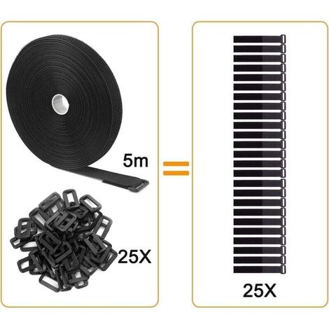 Attache-câble/sangle ajustable réutilisable noire de 5 mètres avec 25 boucles et fermeture Velcro pour la gestion des câbles (5 mètres x 2 centimètres, noire) (1/3)