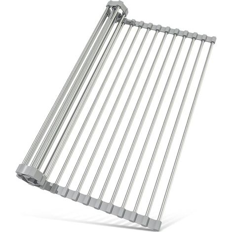 Égouttoir à vaisselle pliable en acier inoxydable, tapis de séchage peu encombrant, accessoires de cuisine multifonctionnels pour sécher les couverts, les légumes et les fruits, 43 x 20 cm, solide et (1/4)