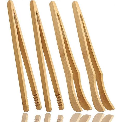 Lot de 4 pinces de cuisine en bambou, 18 cm, petites pinces de barbecue (2 pinces droites et 2 pinces courbes). (1/5)