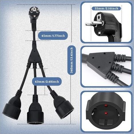 Fiche Triple pour Prise, Rallonge avec 3 Prises 16A/ 250V/ Max.3500W 3 en 1 Adaptateur de Prise Distribution à 3 Voies IP44 Triple Prise pour Maison (1/5)