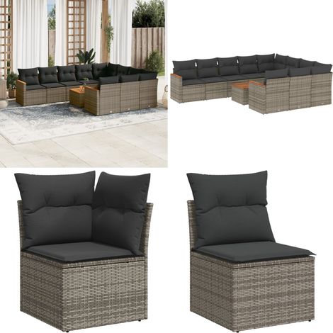 11-tlg. Garten-Sofagarnitur mit Kissen Grau Poly Rattan - Gartenmöbel Set - Outdoor Lounge - Rattan Gartenset - Esstisch - Sofasatz - Home & Living (1/5)