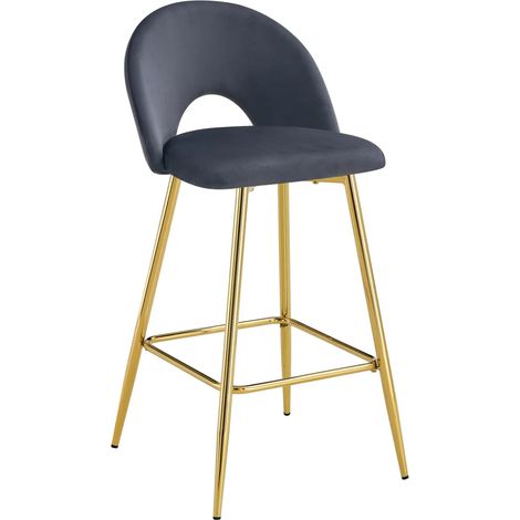 Lot 2 Tabourets de Bar Teddy Velours Anthracite Pieds Gold 47x36x98cm (1/5)