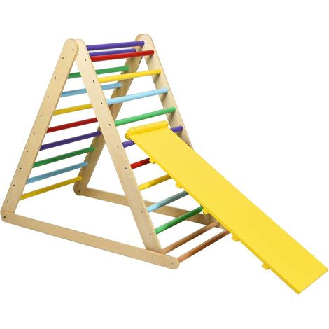 COSTWAY Triangolo a Gradini, Scala Giochi Arrampicata a Triangolo, con Scivolo, Palestra Coperta da Casa, Legno, Ideale per Bambini 3+ Anni, colorato (1/5)