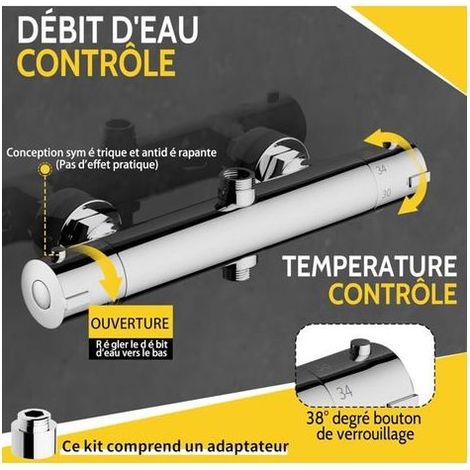 Robinet de douche thermostatique, double bec : un bec supérieur de 3/4 pouce BSP (26,4 mm) et un bec inférieur de 1/2 pouce BSP (21 mm) construction ronde en laiton, finition chromée. (1/5)