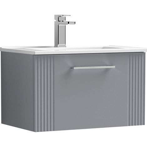 Nuie Deco Satin Grey 600mm Wall Hung Single Drawer Vanity Unit and Curved Ceramic Basin - DPF294G (1/5)