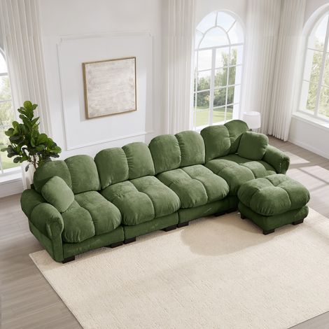 Canapé modulable 4 places en chenille Vert, canapé d’angle rembourré avec 1 pouf coussins moelleux, dossier ergonomique et design matelassé (1/5)