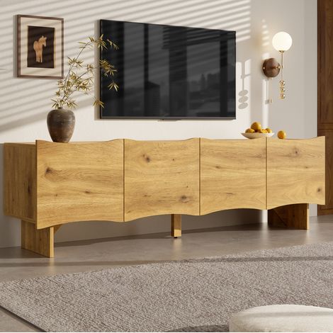 Meuble TV 155 cm avec 4 portes, passe-câbles et finition bois naturel HAVRYA (1/5)
