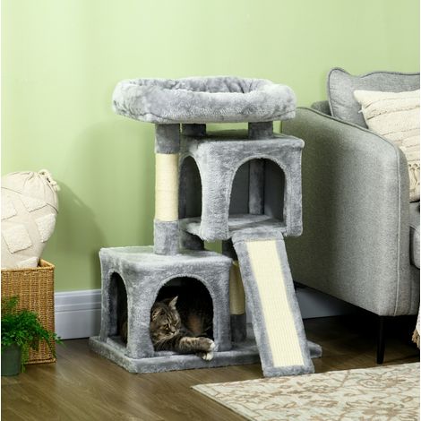 Árbol para gatos esquinero de sisal y felpa gris claro, con plataformas y cuevas, para rascar, jugar y descansar, 59 x 39 x 83 cm (1/5)