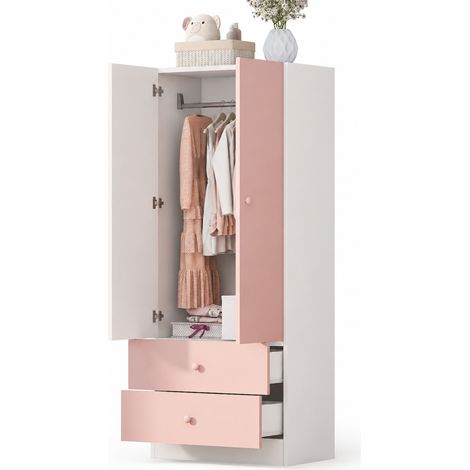 Armadio guardaroba 70 x 40 x 170 cm con 2 cassetti, design a blocchi di colore rosa e bianco (1/5)