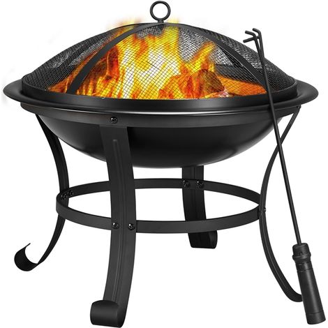 Yaheetech – Brasero extérieur en métal noir – Foyer chauffant 54 cm – Couvercle en filet et tisonnier inclus – Pour terrasses et jardins