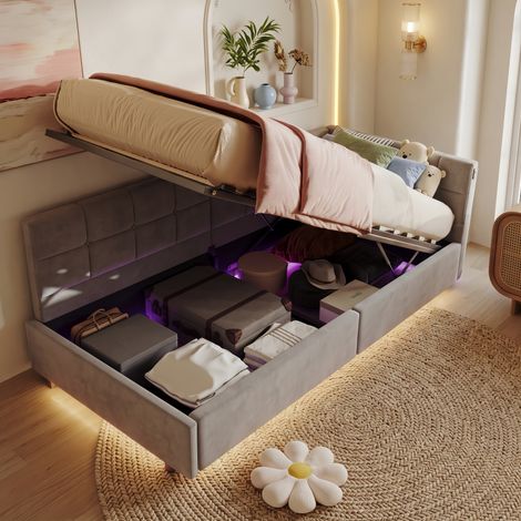 Lit coffre simple 90x200 cm avec rangement, LED et USB, sommier à lattes, lit adulte et enfant en velours gris, scandinave (1/5)