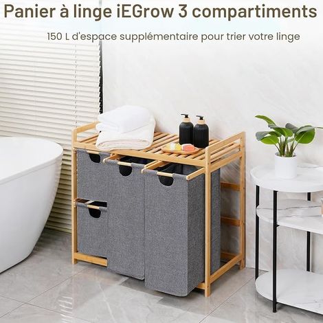 Laundry Basket with 3 Compartments on Wheels, Natural Bamboo, Expandable Bin, Can Be Used in Bedrooms, Bathrooms (1/2)