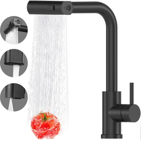 Grifo de cocina con rociador abatible, grifo de fregadero tipo cascada, grifo de fregadero monomando giratorio 360°, 3 funciones - negro (1/5)