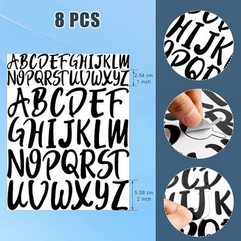8 hojas de pegatinas de alfabeto，letras mayúsculas autoadhesivas，pegatinas de alfabeto adhesivas e impermeables，26 x 20 cm (letras de 1/2 pulgada (1/4)