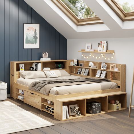 Bett für Kinder 140x200 cm, multifunktional, aus Sperrholz in Natur, mit Lattenrost, Schublade und Stauraum (1/5)