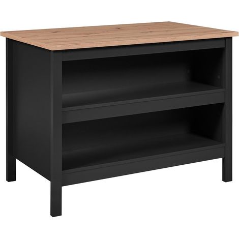 Altobuy – Ilot de cuisine noir 124,5 x 75 x H91,5 cm – Plateau effet bois – Panneaux de particules et MDF – Coin repas avec ouverture arrière (1/5)