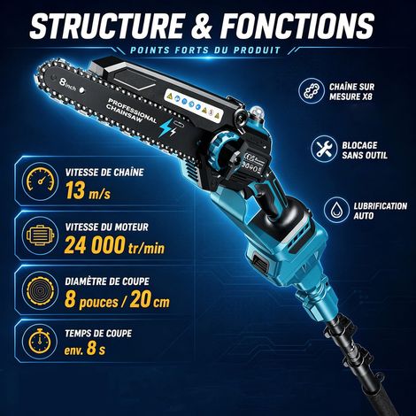Tronçonneuse télescopique 8 pouces – Moteur Brushless 1200W – 2 batteries 4000 mAh – Extension jusqu'à 4m pour élagage précis - 2-en-1