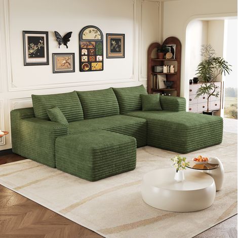 Sofa rinconera modular verde en tejido efecto pana, sin montaje, diseno minimalista y asiento profundo,241x151x58 cm (1/5)