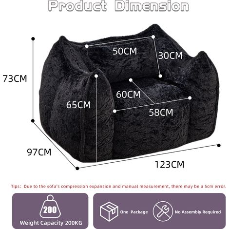 Pouf géant moelleux avec coussin, siège au sol doux en fausse fourrure noire, idéal salon, chambre, appartement, pour adultes et enfants, confortable et tendance. (1/5)