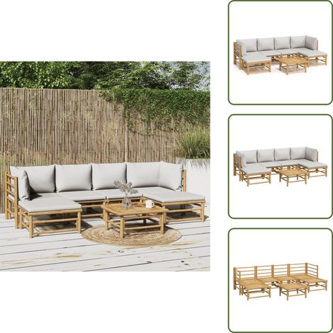 The Living Store Salon de jardin 7 pcs avec coussins gris clair bambou - Canapé de jardin (1/5)