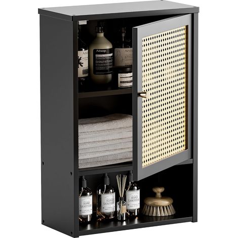Armoire Mural Salle de Bain Rotin, Petit Meuble Rangement Toilette Suspendu, Armoire à Pharmacie Bambou avec Compartiment Ouvert et Étagère Réglable, Noir (1/5)