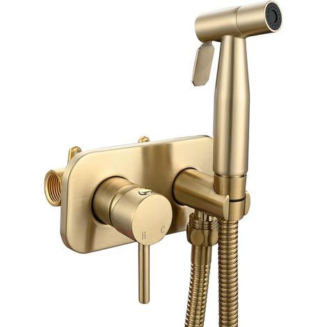 Acier Inoxydable Douchette WC Kit en Bidet Portable Tuyau de Douche Eau Chaude et Eau Froide Bidet Toilette Kit Complet, Or Brossé, WS024J2F2 (1/5)