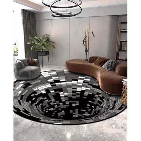 Tapis 3D,Tapis 3D Tapis rond, tourbillon illusion noir et blanc, tapis de salon et de chambre, diamètre 60 cm